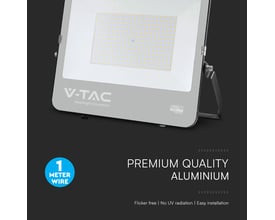 V-TAC 200 W LED-projektør med CREE-lyskilde og gråt frontpanel, vist i en grafik om aluminiumskonstruktionen.