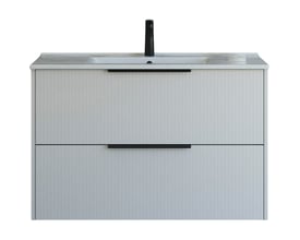 Dansani Mido+ Classic møbelpakke 101 cm i sand mat med to skuffer og stribet front, vist forfra med Amber vask og sort armatur.