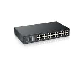 ZyXEL GS1100-24E 24-ports Gigabit Unmanaged Switch med et blæserfrit og energieffektivt design, placeret på en hvid baggrund med refleksion.