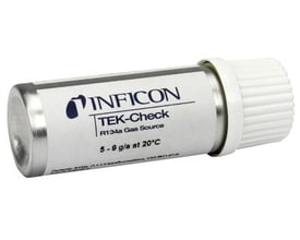 Inficon TEK-Check R134a kølemiddel gas kilde til lækagedetektorer, viser den kompakte metaldåse med hvid top.