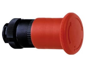 Detaljebillede af Schneider Electric nødstophoved, der viser den røde 40mm tryk- og drej-knap med symboler for frigørelse.