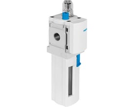 Festo smøreapparat MS6-LOE-1/4-R med hvid plastbeholder og blå justeringsknap, 75 cm3 kapacitet.