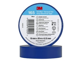 3M Temflex 165 isoleringstape i blå vinyl med dimensionerne 19 mm x 20 m x 0,15 mm, vist på en blå base.
