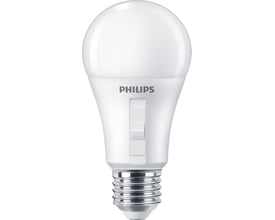 Philips CorePro A60 LED-pære med E27-fatning, hvid kuppel og synlig skydeknap til valg af lysfarve.