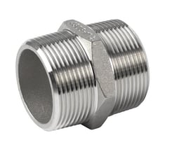 Syrefast brystnippel med NPT-gevind på begge ender og sekskantet midterstykke, 58 mm lang.