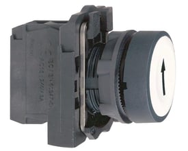 Schneider Electric trykknap med hvid flade og sort pil, Ø22 mm, set fra siden, viser den plan betjeningsflade og 1NO kontakt.