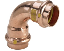 Detaljebillede af Viega Profipress gas bøjning i kobber, der viser 35 mm muffesamlingerne og gule markeringer for gas.