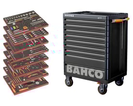 Bahco 26" værkstedsvogn med 9 skuffer og 262 dele, vist med skufferne delvist åbne for at vise det organiserede værktøj.