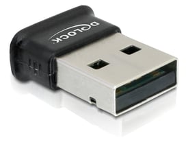 Sort DeLOCK Bluetooth 4.0 USB-adapter set skråt forfra med USB-stikket synligt.