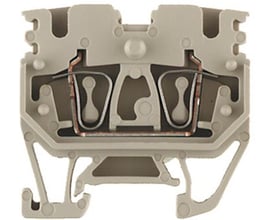 Weidmüller beige midtklemme mini til TS 15 skinner, med fokus på de integrerede fjedermekanismer og tilslutningspunkter.