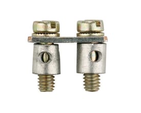 Weidmüller Laske FORMONT. 2-P. Q2, en 2-polet skrueterminal uden isolering med synlige skruer og gevind på hvid baggrund.