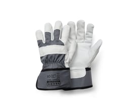 Work Solid arbejdshandske i størrelse 10, fremstillet af krom oksegarvet læder med hvid læderfront og grå stofbagside samt manchet.