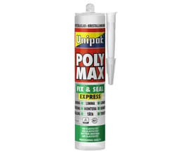 Unipak Poly Max Fix & Seal Express i en patron med separat hvid mundstykke, transparent fugemasse og lim, 300 g.