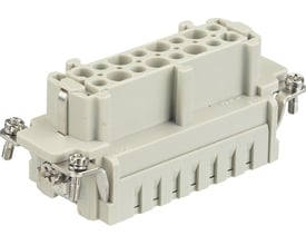 Nærbillede af Harting 25 polet hun stikindsats med detaljer om tilslutningsklemmer og mærkning for strøm og ledningsstørrelse.