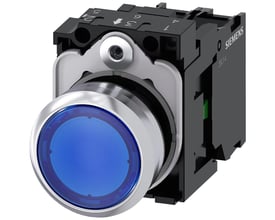 Siemens oplyst trykknap, 22 mm, rund, skinnende blå metalfront med flad knap.