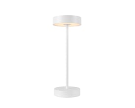 Fuldstændigt billede af den hvide SLV VINOLINA akku bordlampe på en ren, hvid baggrund, der viser dens minimalistiske design og lysende skærm.