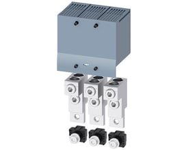 Siemens lederklemme 3VA9 TA2,3 til 3VA6 150/250 med gråt dæksel og tre synlige tilslutningsdele.