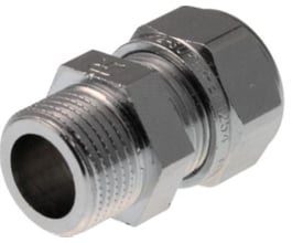 VSH forkromet kompressions overgang til 1/2" tilslutning og 12 mm nippel, velegnet til VVS-installationer.