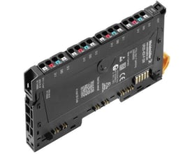Weidmüller digital input modul UR20-4DI-P-3W med 4 indgange, viser tilslutningsklemmer og system bus interface på sort plastkabinet.