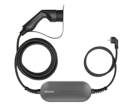 Deltaco e-Charge Mode 2 ladekabel i sin helhed, viser opladerens styreboks og begge enders stik med kabellængde.
