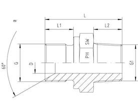 Måltegning af PH syrefast hydraulikbrystnippel med 3/8-tommers BSPP/BSPT-gevind, vist i snit med 60° konus.