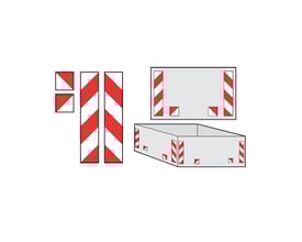 Illustration af container afmærkninger med røde og hvide reflekser, der viser hvordan de klæbes på sider og ender af en container.