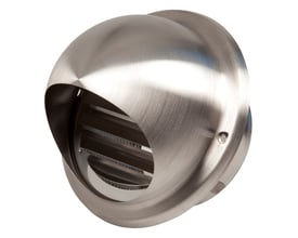 Fresh EGA100 RF murrist i rustfrit stål med stormkappe og insektnet til 100 mm rør. Dette billede viser produktets ydre med børstet ståloverflade.