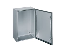 Schneider Electric Spacial S3X vægskab i rustfrit stål, med dimensionerne 600x600x250 mm, præsenteret med åben dør på hvid baggrund.