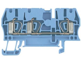 Detaljeret profil af Weidmüller ZDU 2,5/3AN gennemgangsklemme i blå, fremviser TS 35 DIN-skinne montering og 5mm bredde.