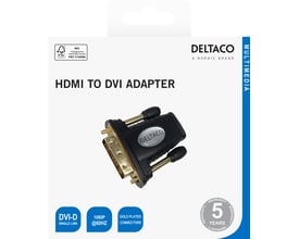 Deltaco HDMI til DVI-D single link-adapter i sort, vist på emballagen med DVI-stikket fremme.