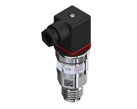 Danfoss MBS 3000 tryktransmitter med G1/2" gevind og sort DIN-stik, viser typenummer og logo på en neutral baggrund.