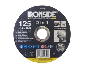 Ironside 2-in-1 skæreskive på 125 mm til stål og rustfrit stål, set forfra med sort skive og centralt hul.