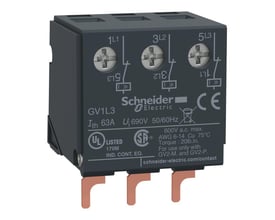 Schneider Electric strømbegrænser GV1-L3 i detalje, viser mærkningerne for spænding og strøm, samt CE og UL logoer.