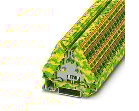 Phoenix Contact PTRVB 4-PE jordklemme i grøn/gul, med push-in tilslutning og 16 tilslutninger, vist på en skinnemontering.