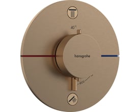 Hansgrohe ShowerSelect Comfort S termostatarmatur i børstet bronze med 2 udtag og Select-knapper, der viser temperaturindikator og ikon for bruser.