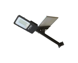 V-TAC LED solcelle gadelampe fra Hybrid serien med 6500K kold lys, monteret på et mørkt stativ med hvid baggrund.