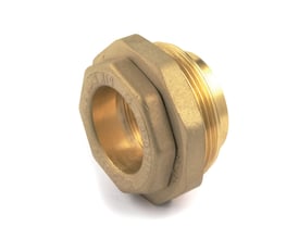 Bagfra vinkel af Isiflo reduktionsindlæg 63x50mm i messing, der viser den ene ende med gevind og den anden med en større diameter.