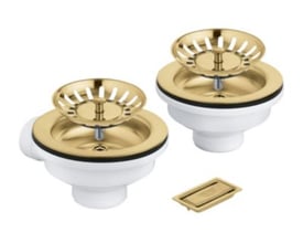 Grohe bundventil til køkkenvask i børstet cool sunrise messing med to komplette sæt vist. Der medfølger også et overløbsdæksel.