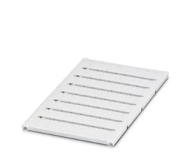 Nærbillede af et ark Phoenix Contact UC-TM 8 mærkeskilte, der viser de små hvide skilte med spor til mærkning.