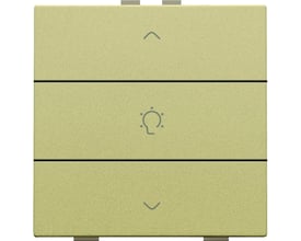 Niko dæmpertryk i guldbelagt finish med symboler for op og ned samt lyspære, NHC-model.