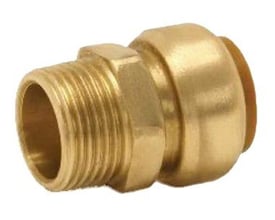VSH Tectite-overgang i messing med muffe og nippel, 18 mm rørtilslutning og 3/4-tommers gevind.