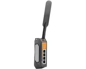 Weidmüller IE-SR-4TX-LTE/4G-EU router med udtrækkelig antenne og fire RJ45 porte, vist fra siden mod en hvid baggrund.