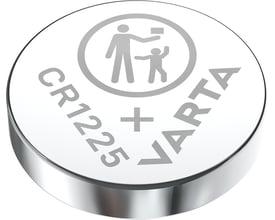 Nærbillede af Varta CR1225 lithium coin batteri, sølvfarvet med 'CR1225', '+' og Varta logo.