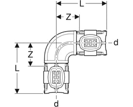 Teknisk tegning af Geberit FlowFit 90 graders bøjning for 25mm rør, med dimensioner markeret.