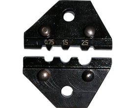 Elpress pressebakker til uisolerede kabler fra 0,25 til 2,5 mm², vist med målene 0.75, 1.5 og 2.5 indgraveret.