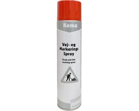 Bagside af Kema vej- og markeringsspray, 600 ml, med produktinformation og advarselssymboler på grå baggrund.