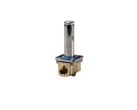 Tættere vinkel af Danfoss magnetventil EV210B, viser messingkonstruktion, G 1/4" gevind og blå tætningsdetalje.