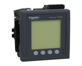Schneider Electric PowerLogic PM5700 energimåler med stor LCD-skærm, fire grå knapper og to små indikatorlamper på en mørkegrå front.