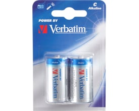 Verbatim alkaliske C-batterier (LR14) på 1,5 V i blå og hvid blisterpakning med to batterier synlige.