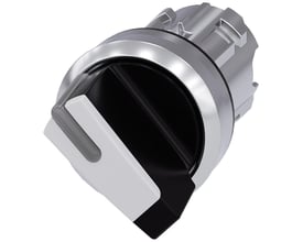 Siemens 22 mm omskifter med lys, ru metalfront og hvid betjeningsarm, kort model med I/O markering på sort baggrund.